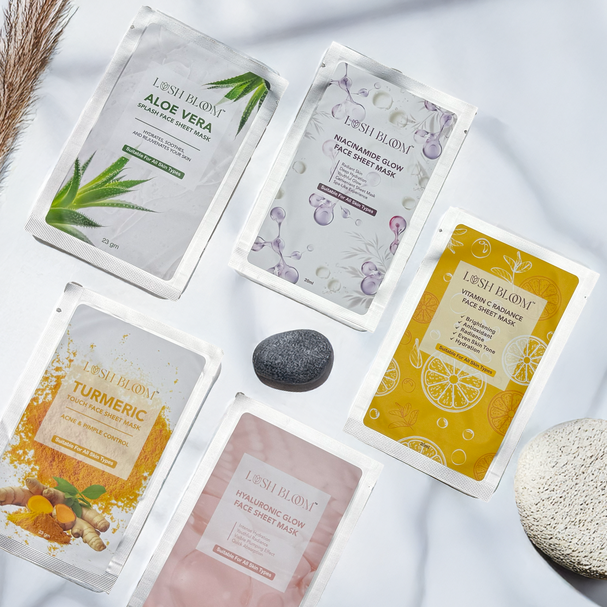 Pack of 5-in-1 Aloe Vera, Turmeric, Hyaluronic, Niacinamide, Vitamin C Facial Sheet Mask Combo | Allantoin Vitamin E Glycerin Infused | Face sheet Mask for Dull and Uneven Skin Tone (Pack of 5)