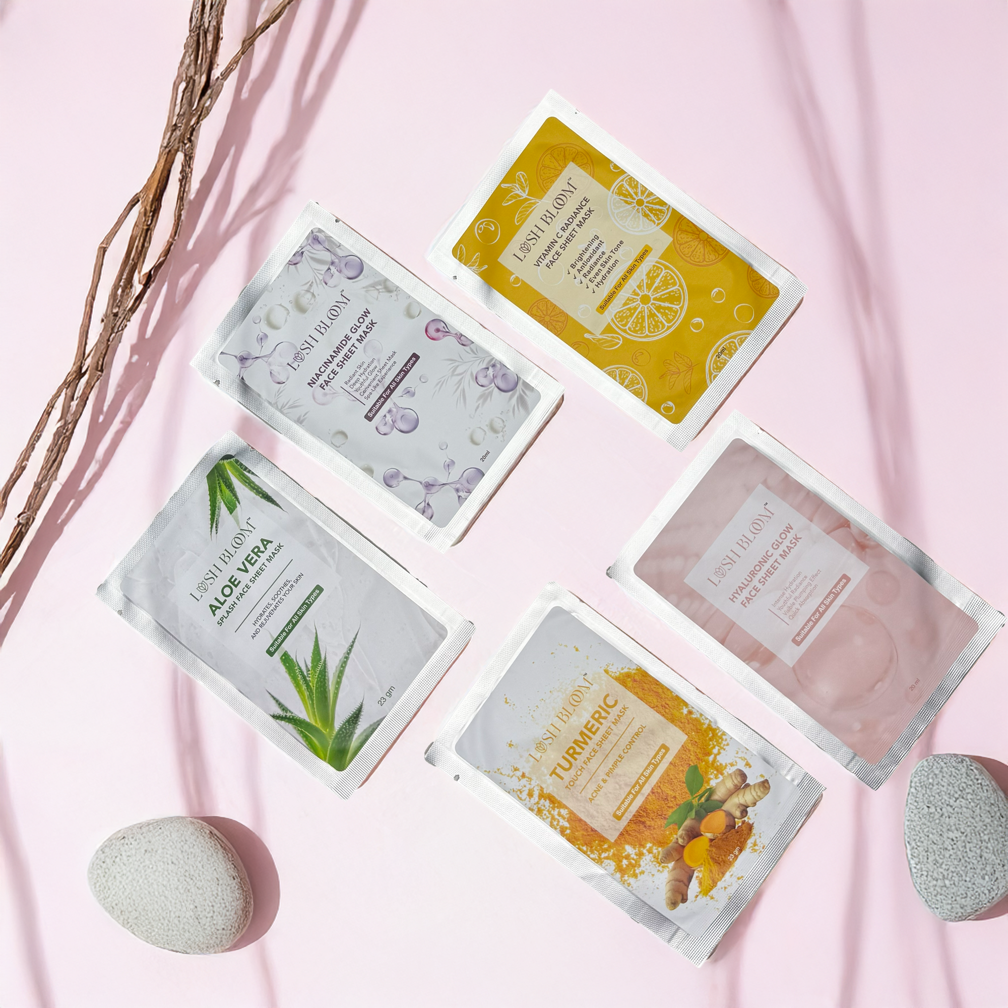 Pack of 5-in-1 Aloe Vera, Turmeric, Hyaluronic, Niacinamide, Vitamin C Facial Sheet Mask Combo | Allantoin Vitamin E Glycerin Infused | Face sheet Mask for Dull and Uneven Skin Tone (Pack of 5)